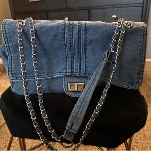 Blue Denim Shoulder Bag with Chain Strap